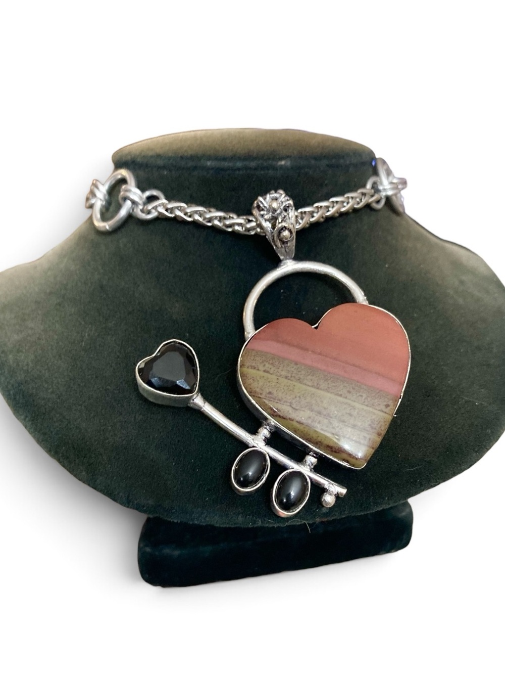 Genuine onyx mookaite & serpentine heart arrow boho silver necklace